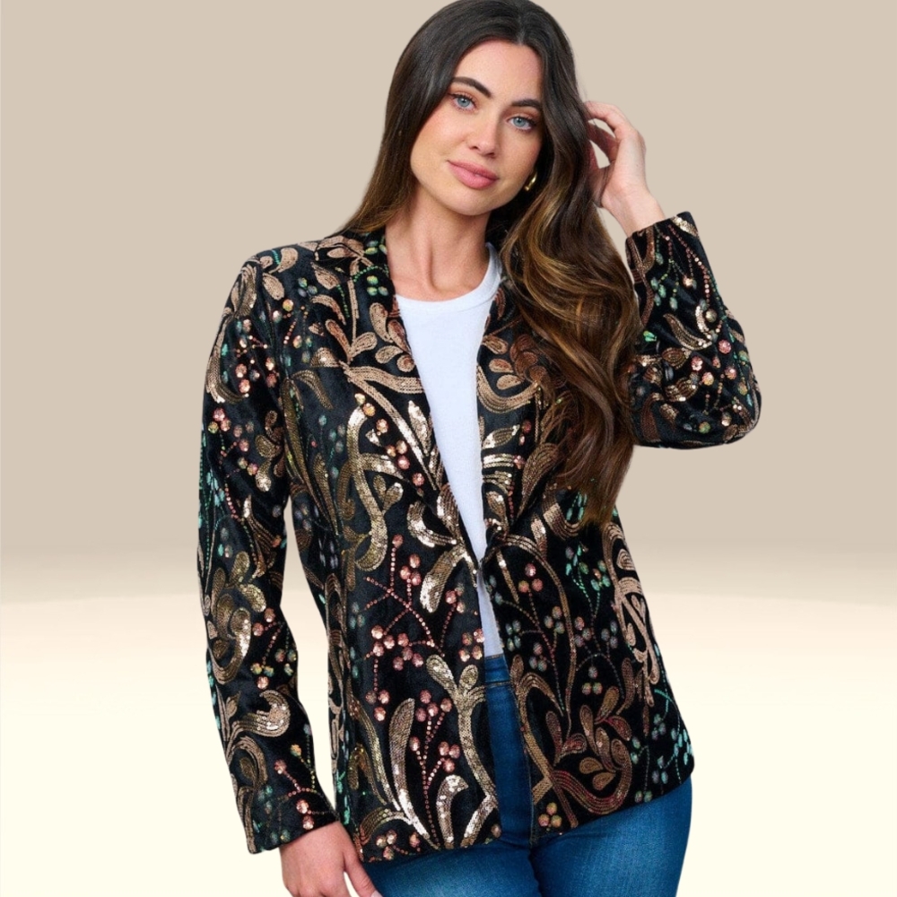 Elegant Black and Gold Women's Sequin Blazer